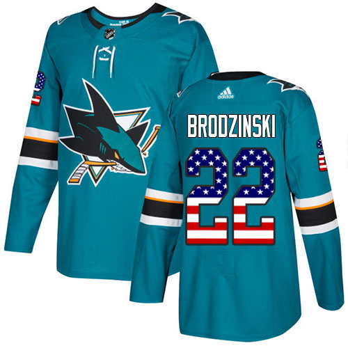 Adidas San Jose Sharks #22 Jonny Brodzinski Teal Home Authentic USA Flag Stitched Youth NHL Jersey